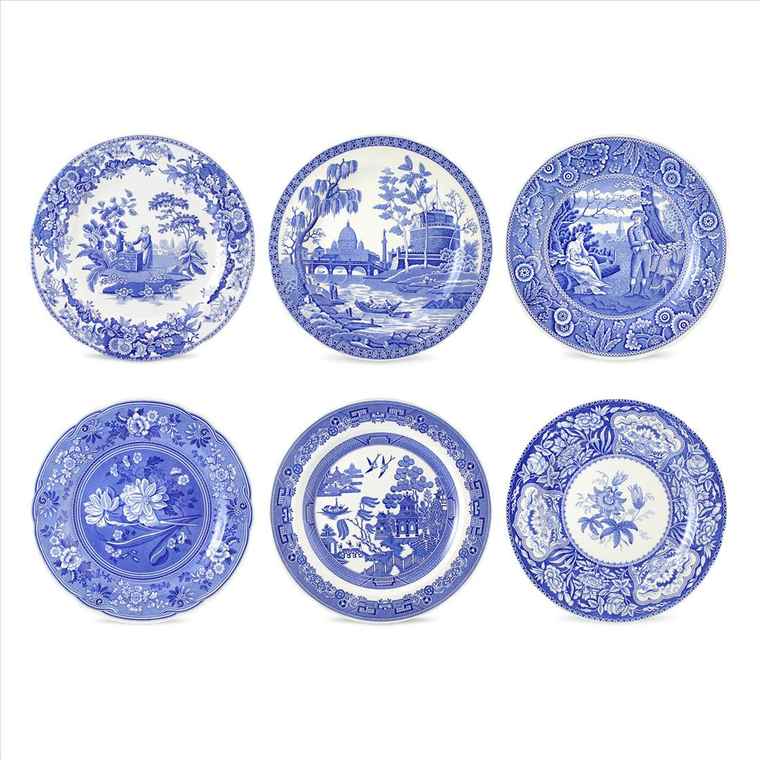 six blue and white decorative plates with various patterns on a white background