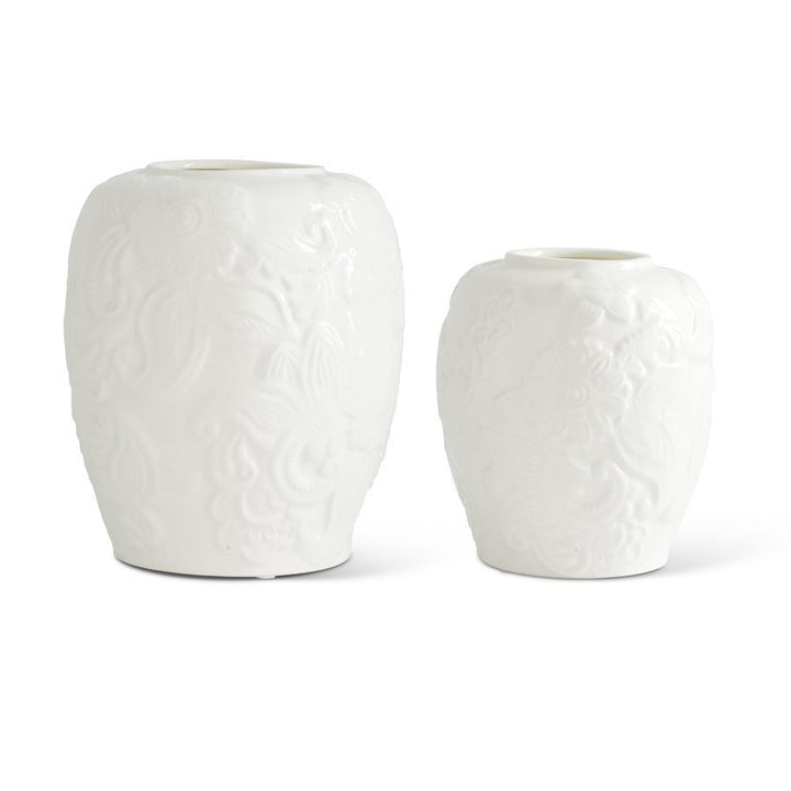 WHITE CERAMIC PAISLEY & FLORAL EMBOSSED VASE