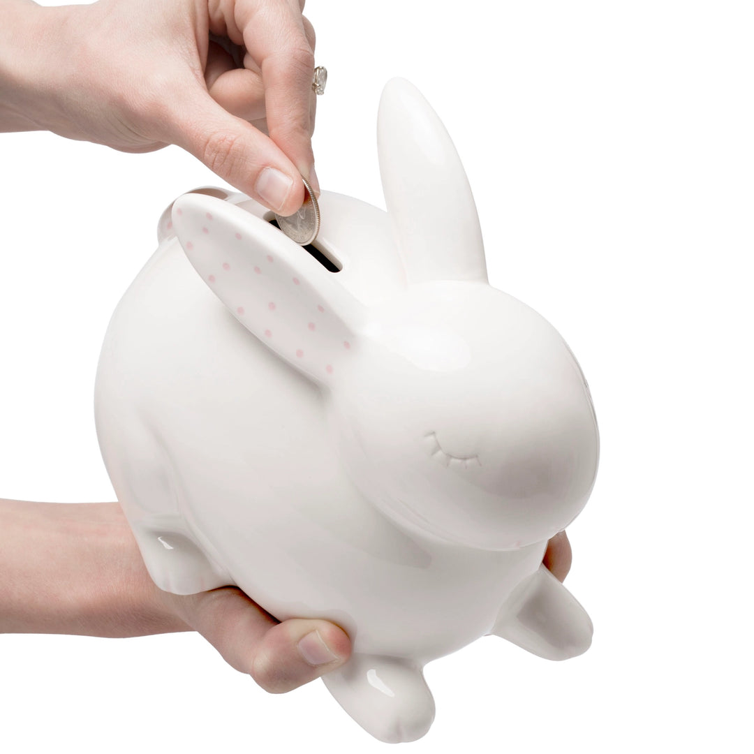 BUNNY MONEY BANK WITH PINK DETAILS
