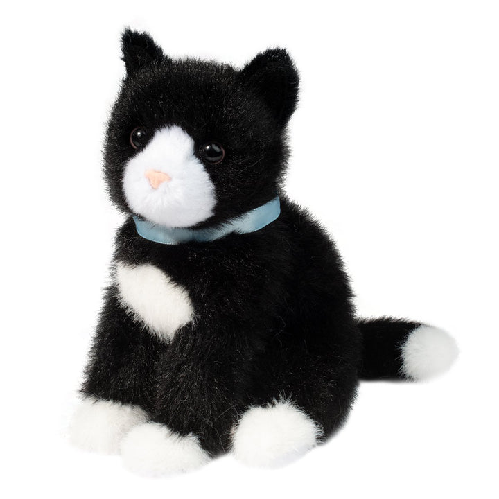 Black and white tuxedo cat plush toy with soft fur, a blue ribbon collar, and bright embroidered features, sitting upright with a white-tipped tail | Walker Boutique