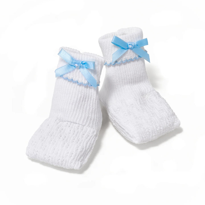 PATY KNIT WHITE WITH BLUE TRIM BOOTIES WITH BOW
