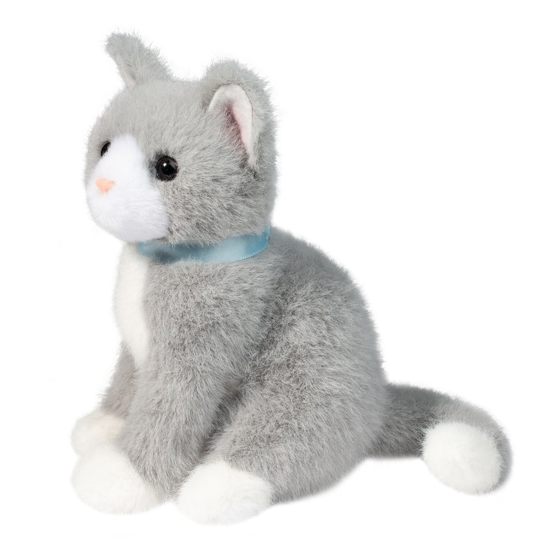 Gray and white kitten plush toy with soft fluffy fur, a blue ribbon collar, and bright embroidered features, sitting upright with a white-tipped tail | Walker Boutique