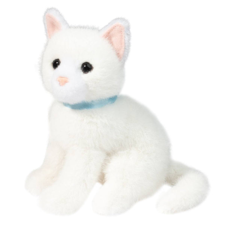 White kitten plush toy with soft fluffy fur, a blue ribbon collar, and bright embroidered features, sitting upright with a curled tail | Walker Boutique