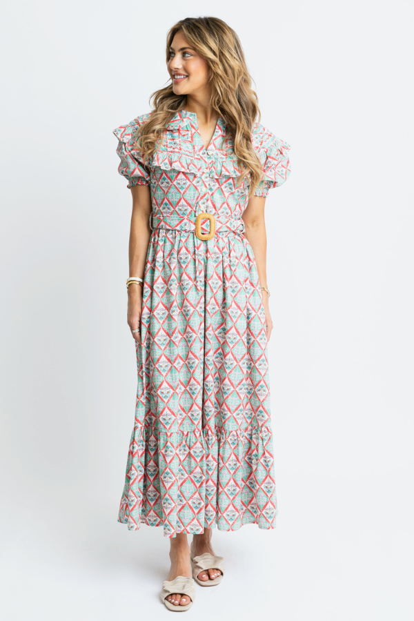 KARLIE: GREEN PARIS FLORAL EMBROIDERED PETER PAN BELTED MAXI DRESS