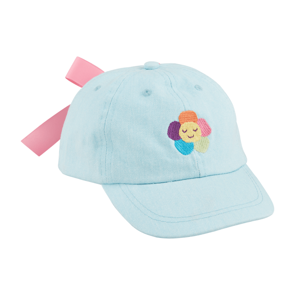 LIGHT BLUE FLOWER EMBROIDERED HAT WITH PINK BOW ON BACK