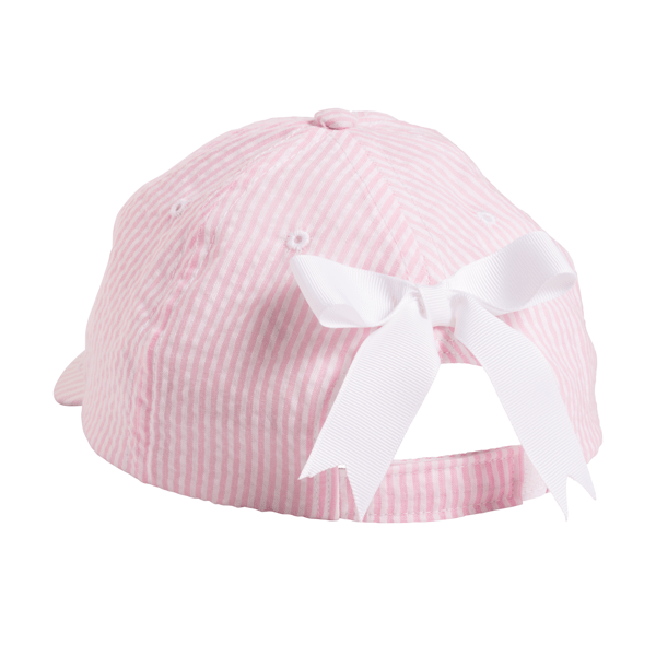 PINK SEERSUCKER BOW EMBROIDERED HAT WITH WHITE RIBBON BOW ON BACK