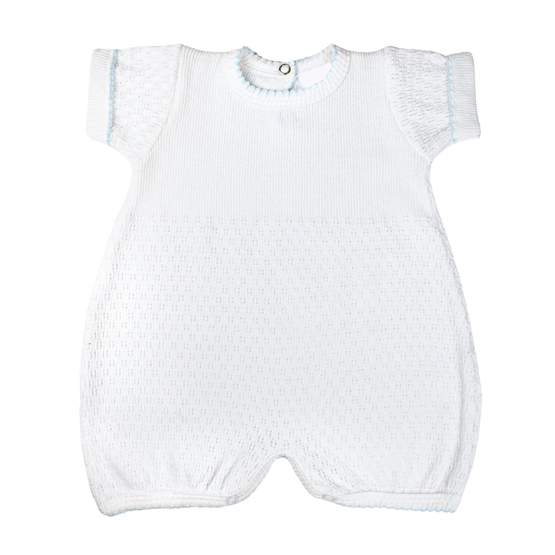 White baby romper with blue trim on a white background