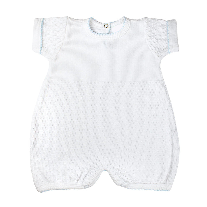 White baby romper with blue trim on a white background