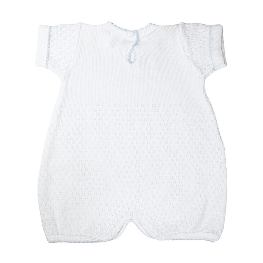 White baby romper with blue trim on a white background