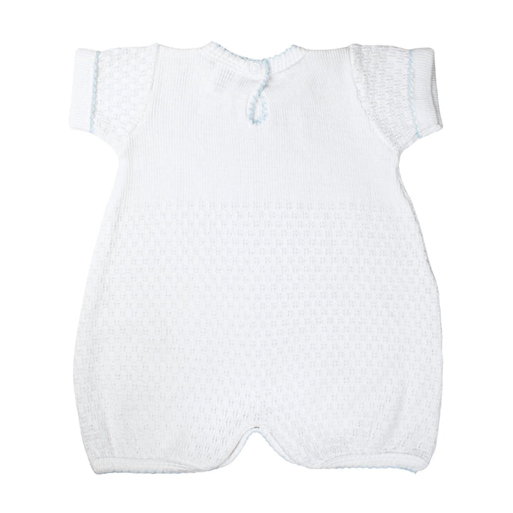 White baby romper with blue trim on a white background
