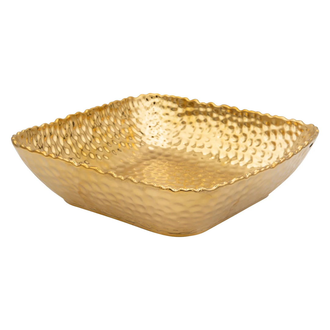 Hammered gold square serving bowl with textured dimpled finish and curved edges | Walker Boutique