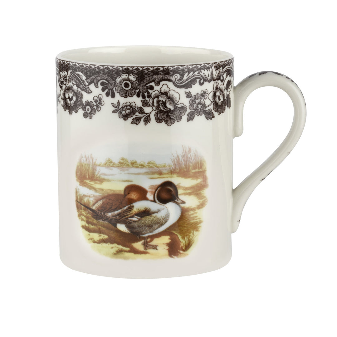 floral and animal pattern, featuring illustrations of pintail duck in a woodland setting.