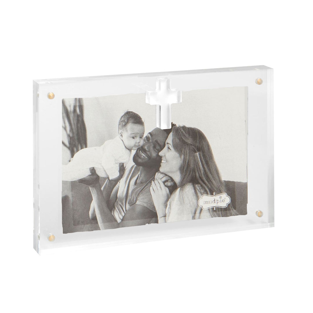 Clear acrylic standing picture frame with white cross accent and gold magnetic details