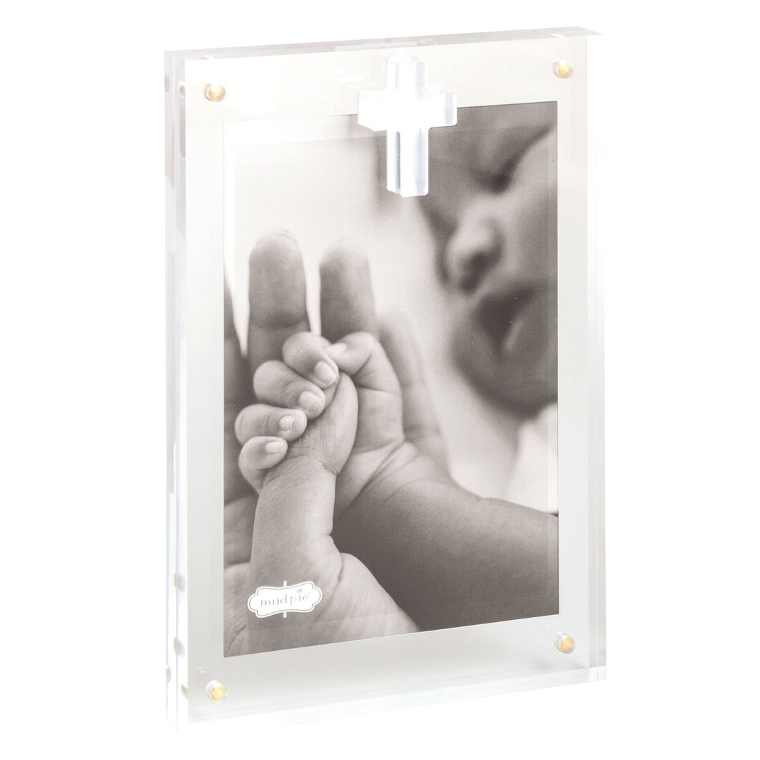 Clear acrylic standing picture frame with white cross accent and gold magnetic details