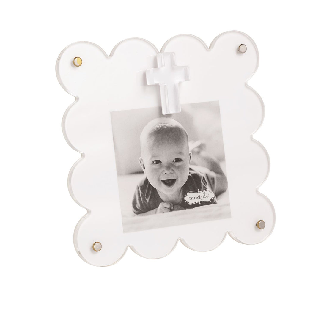 White scalloped acrylic picture frame with cross accent and gold magnetic details