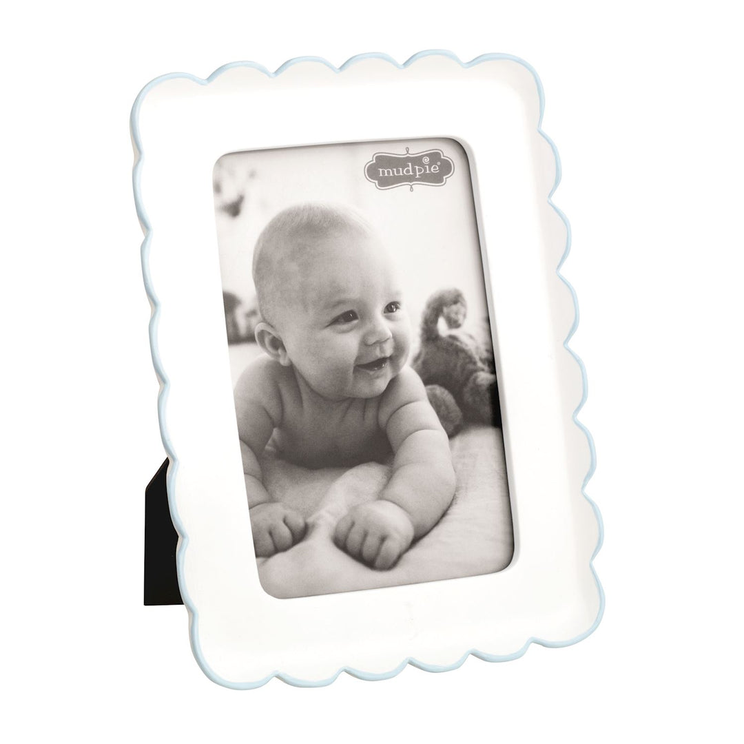 White ceramic scalloped picture frame with baby blue trim