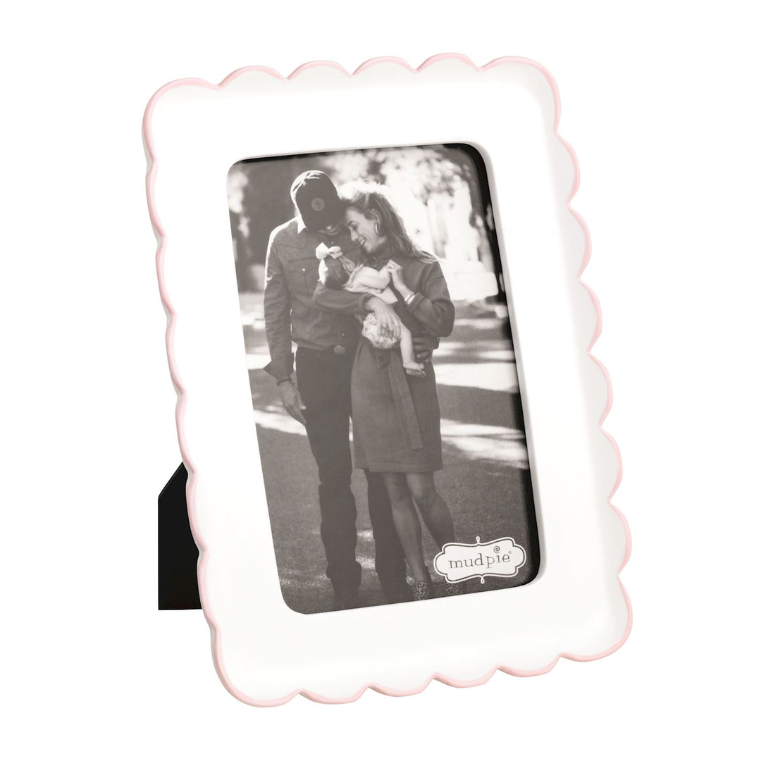 White ceramic scalloped picture frame with soft pink trim