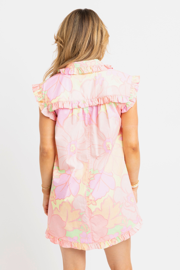 KARLIE: LIME BIG FLORAL PASTEL RUFFLE SLEEVELESS DRESS