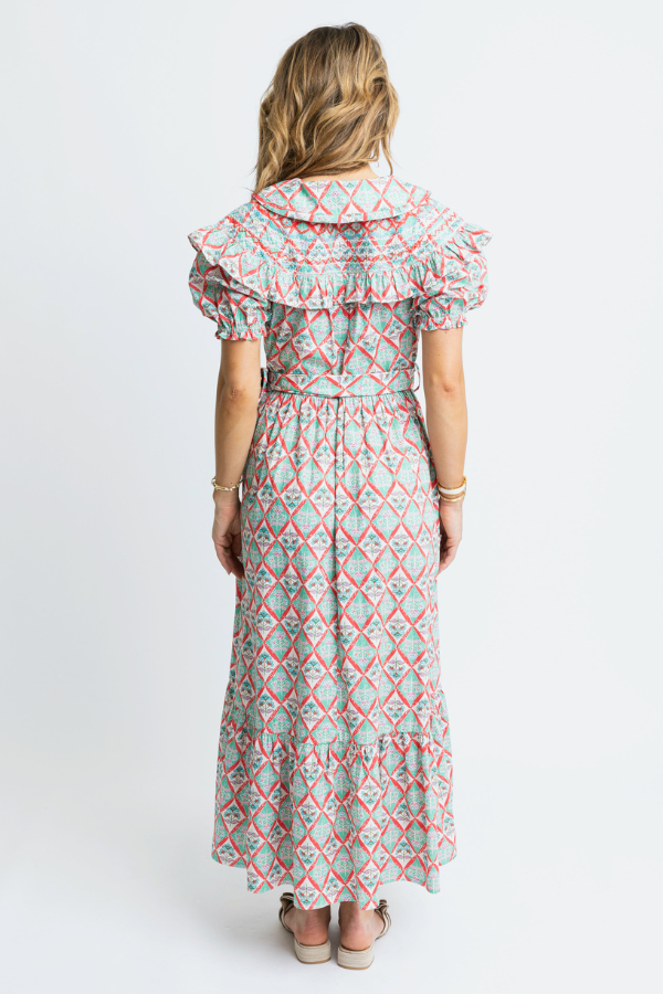 KARLIE: GREEN PARIS FLORAL EMBROIDERED PETER PAN BELTED MAXI DRESS