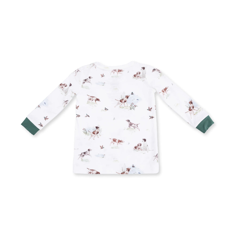 Angel Dear Pointer Pups and Duck Buddies Long Sleeve Loungewear Set top detail highlighting the neckline, sleeves, and pointer pups and duck buddies design