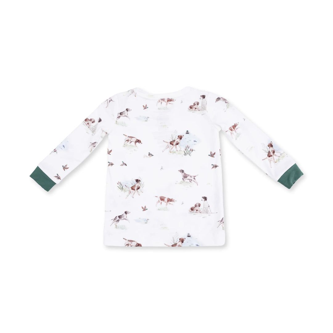Angel Dear Pointer Pups and Duck Buddies Long Sleeve Loungewear Set top detail highlighting the neckline, sleeves, and pointer pups and duck buddies design