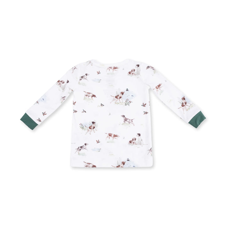 Angel Dear Pointer Pups and Duck Buddies Long Sleeve Loungewear Set top detail highlighting the neckline, sleeves, and pointer pups and duck buddies design
