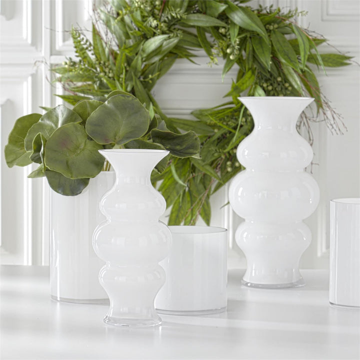 WHITE GLASS RIBBED HOURGLASS FLUTED VASE