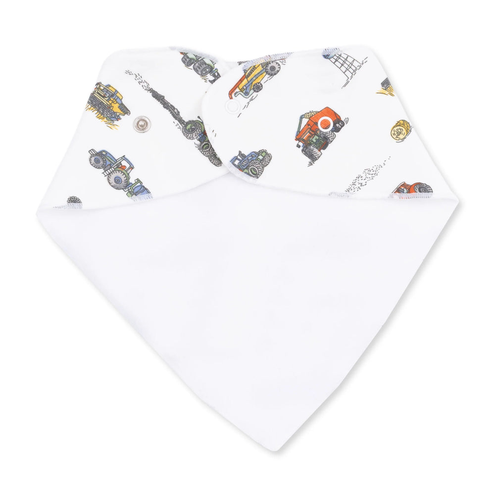 Angel Dear Farm Machines Bandana Bib alternate view showing the shape, trim, and farm machines design