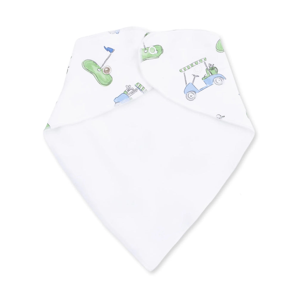 Angel Dear Golf Carts Blue Bandana Bib alternate view showing the shape, trim, and golf carts blue design