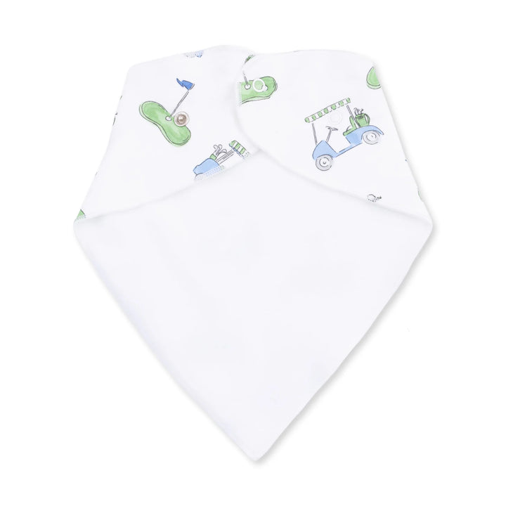 Angel Dear Golf Carts Blue Bandana Bib alternate view showing the shape, trim, and golf carts blue design