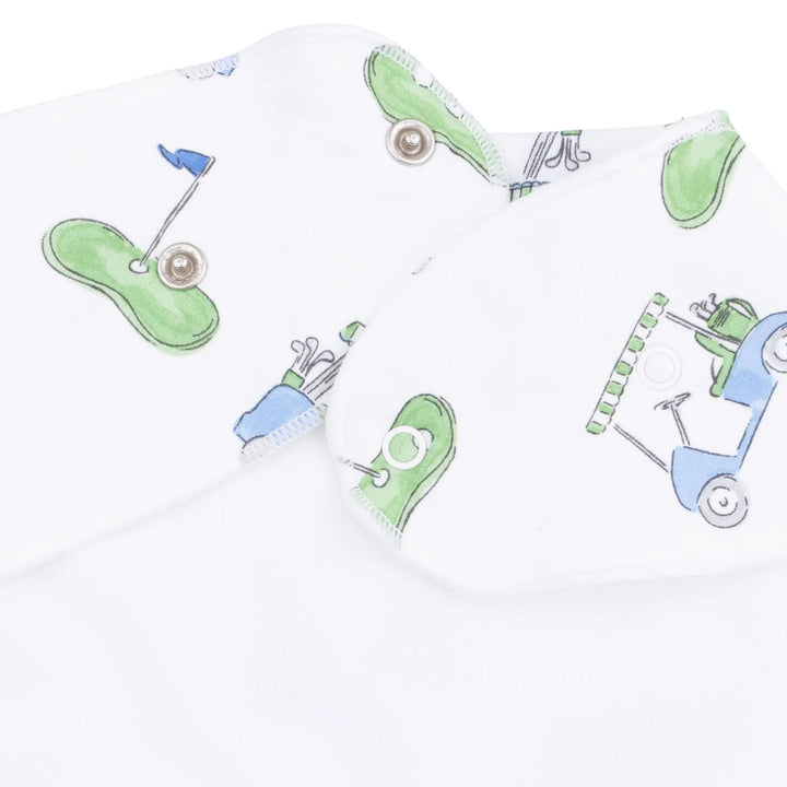 Angel Dear Golf Carts Blue Bandana Bib styled product detail featuring the golf carts blue design