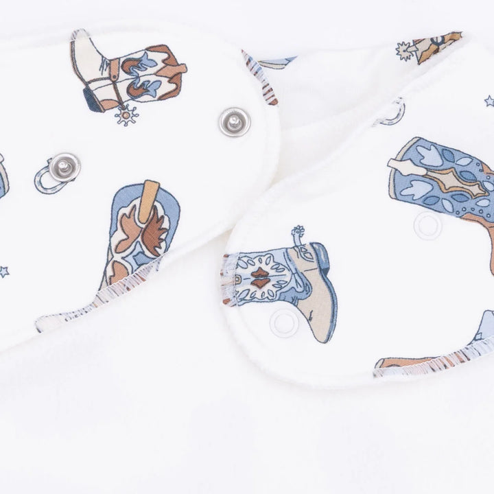 Angel Dear Buckaroo Boots Bandana Bib alternate view showing the shape, trim, and buckaroo boots design
