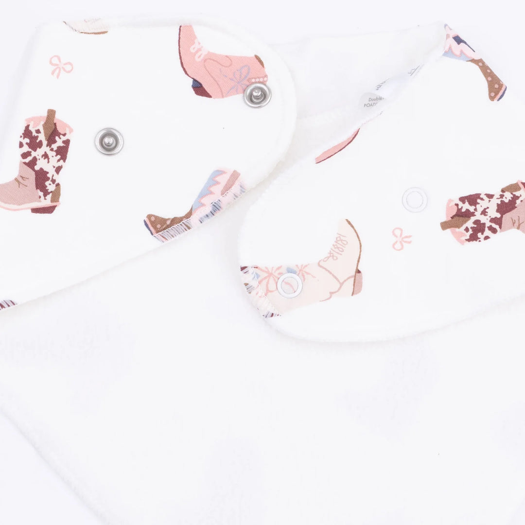 Angel Dear Buckarette Boots Bandana Bib styled product detail featuring the buckarette boots design