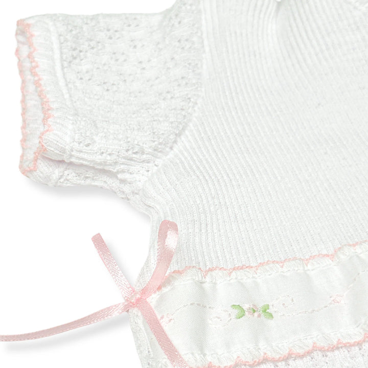 CLOSE UP VIEW OF DETAILS OF WHITE PATY KNIT ROMPER WITH SPRING FLORALS SHORT SLEEVE