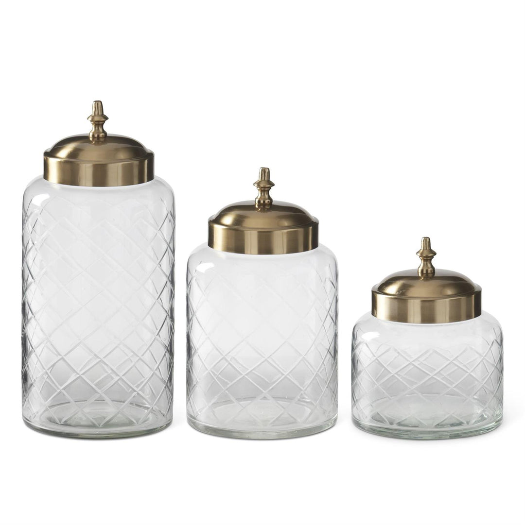 ETCHED CLEAR GLASS CONTAINER WITH GOLD FINIAL
