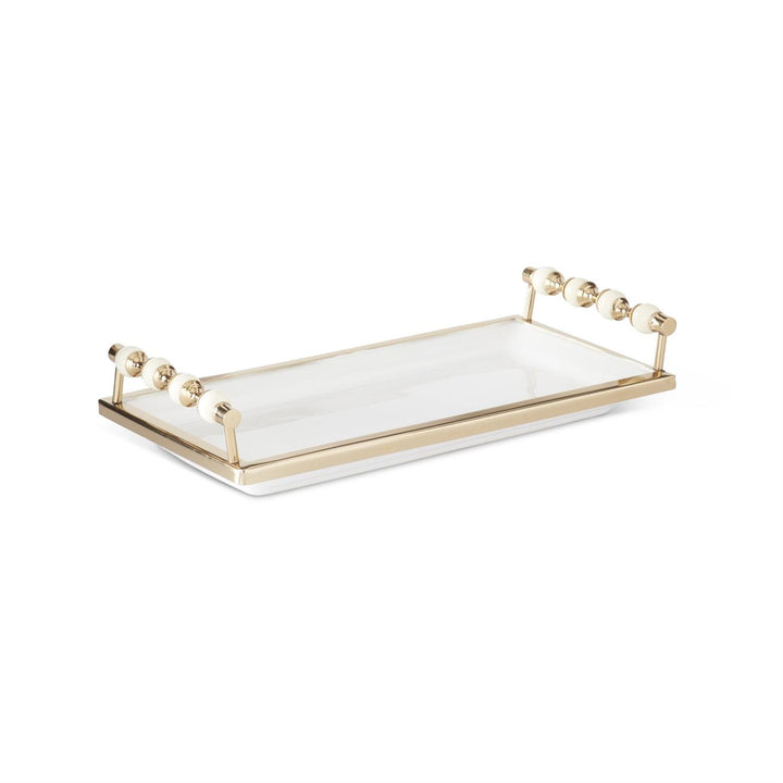 WHITE CERAMIC BRASS RIM RECTANGULAR HANDLED TRAY