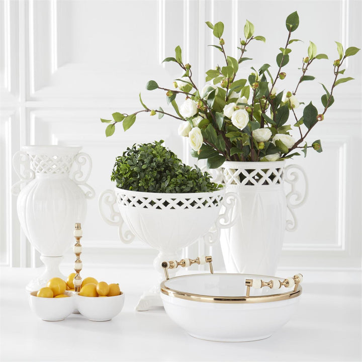 WHITE CERAMIC BRASS RIM HANDLED BOWL