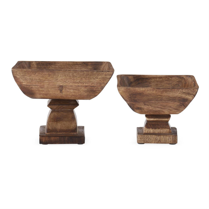 Two wooden bowls with stands on a white background