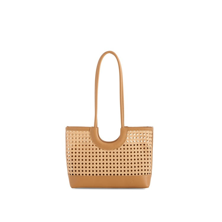 Tan woven cane tote bag with structured silhouette and smooth trim | Walker Boutique