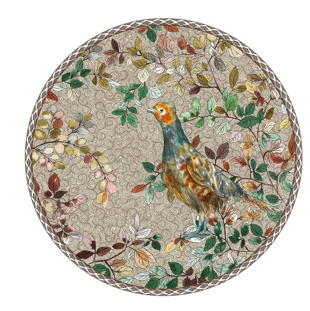 Round decorative mat with a bird and leaf design on a beige background