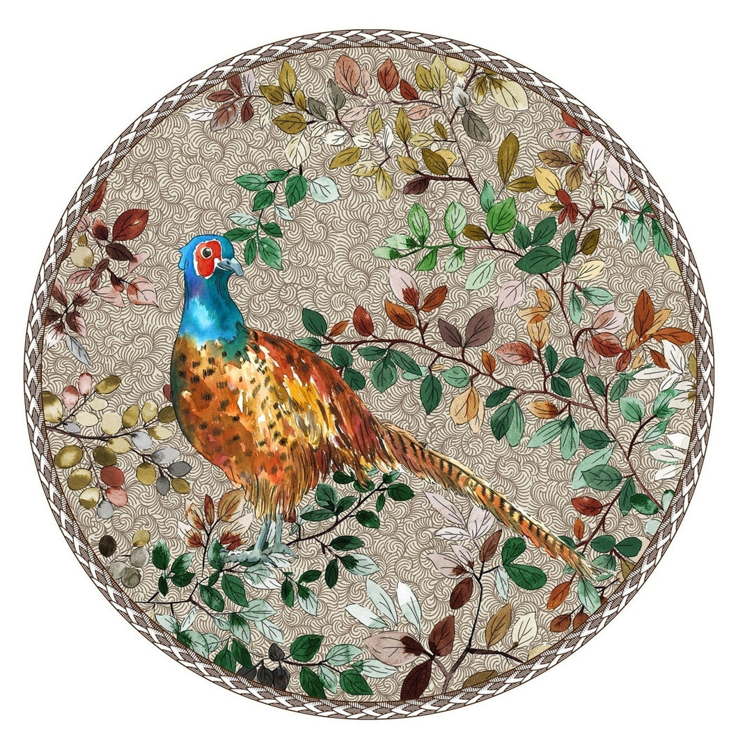 Round decorative plate with a peacock design on a floral background