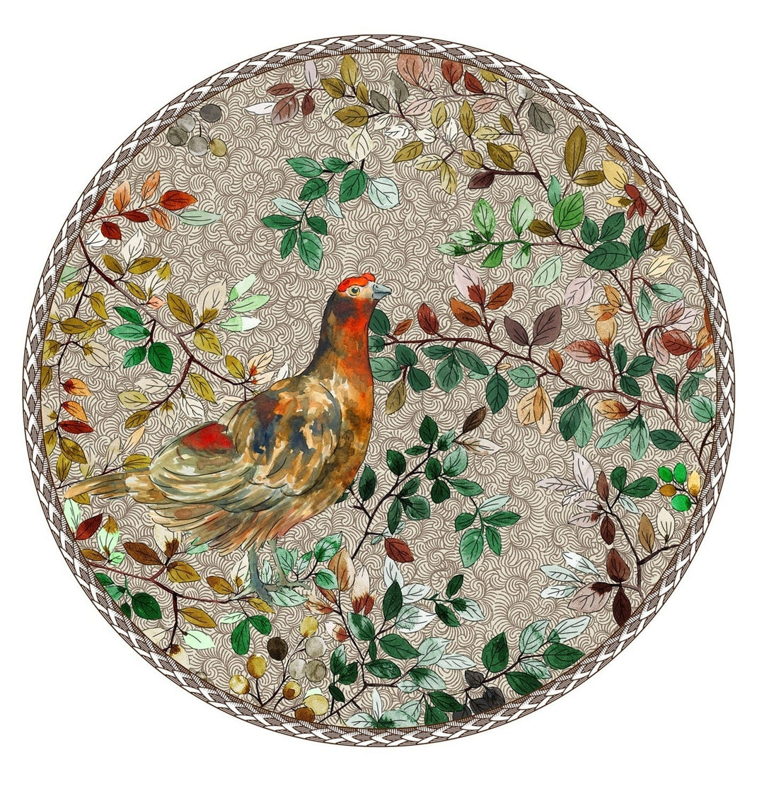 Decorative plate with a bird and leaf design on a beige background