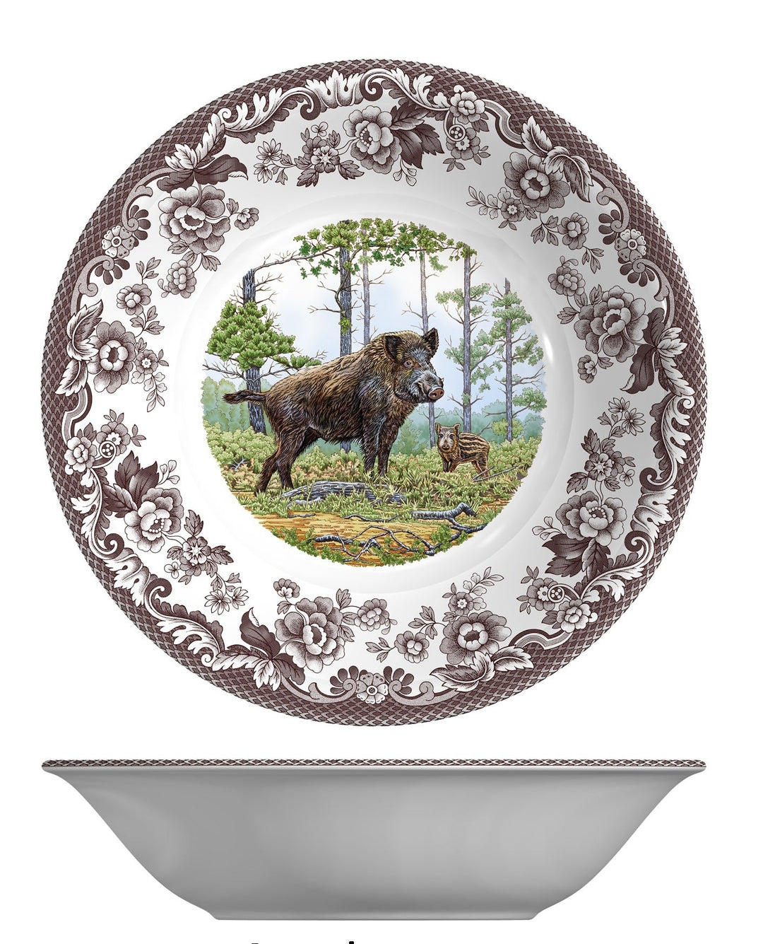 Decorative plate with a bear and cub design in a forest, surrounded by floral patterns.