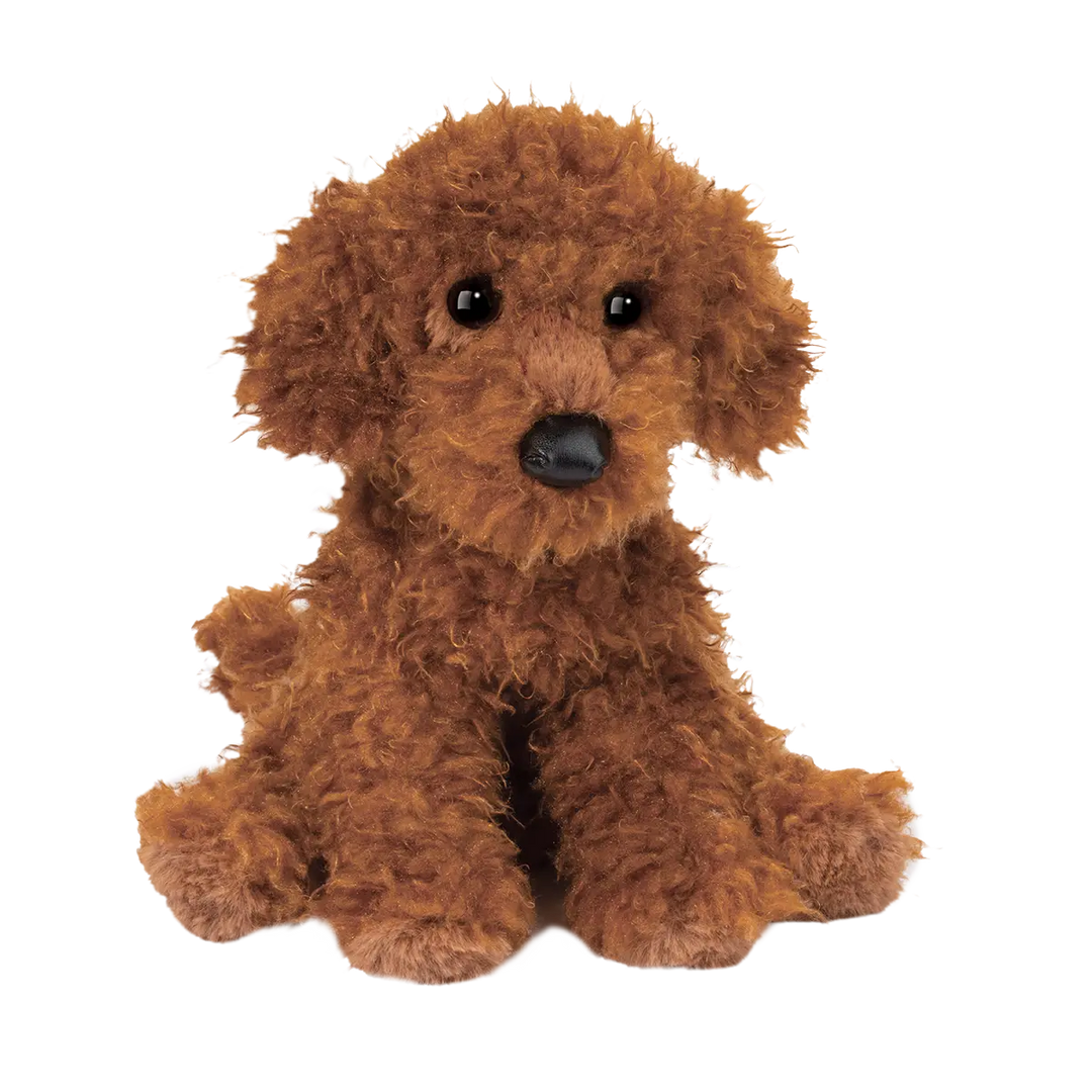 Brown curly puppy plush toy with soft textured fur, floppy ears, black button eyes, and a black nose, sitting upright