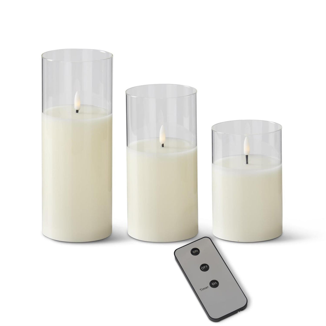 IVORY LED FLICKERING CANDLES IN GLASS VOTIVES SET