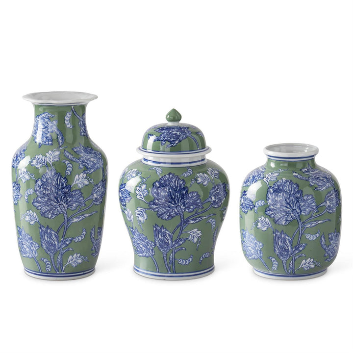 BLUE GREEN & WHITE FLORAL CERAMIC VASE