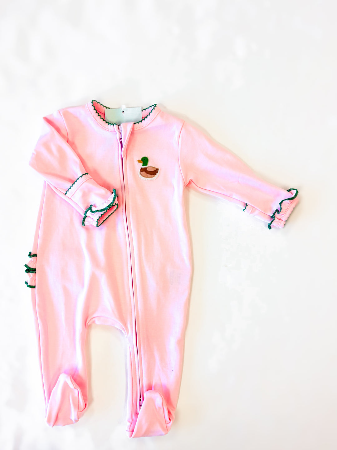 Mini Mallard Embroidered Pink Ruffle Zipper Footie – Baby Girl Mallard Duck One-Piece Pajamas | Walker Boutique