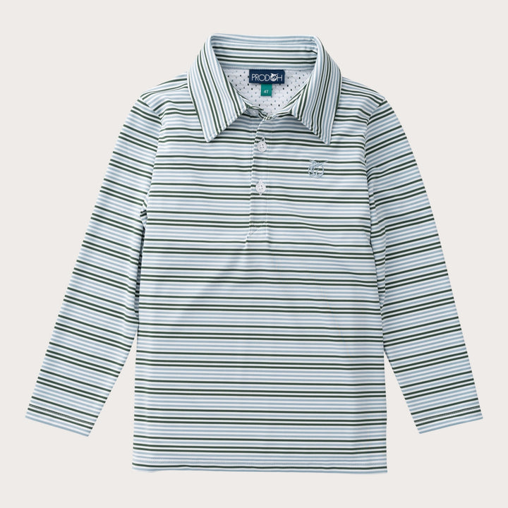 ARONA BLUE & CAMPING GREEN STRIPE BOYS LONG SLEEVE PRO PERFORMANCE POLO