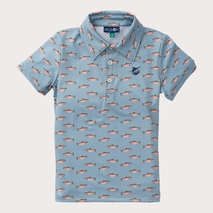 Blue polo shirt with fish pattern on a light gray background