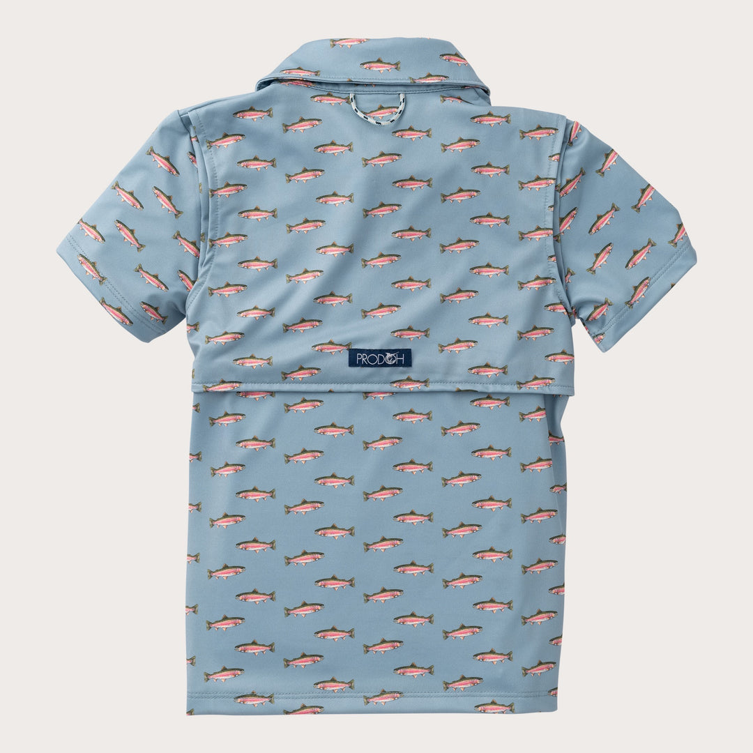 Short-sleeve shirt with fish pattern on a light blue background